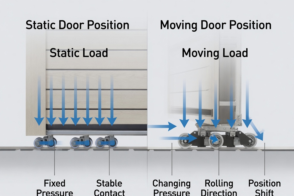 Sliding door wheel system static load vs moving load comparison – illustrating force distribution on track and rollers