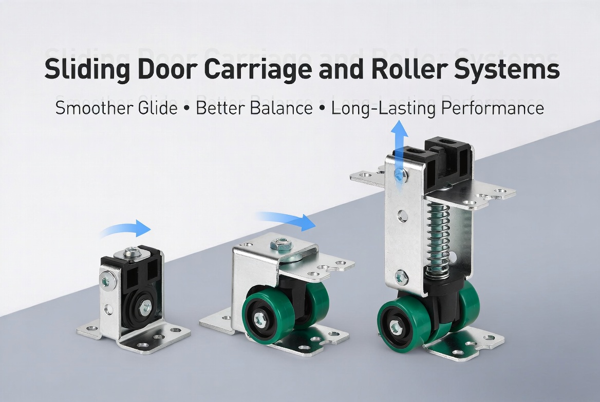 Various sliding door carriage and roller systems with wheels for better balance, smooth movement, and long-lasting performance