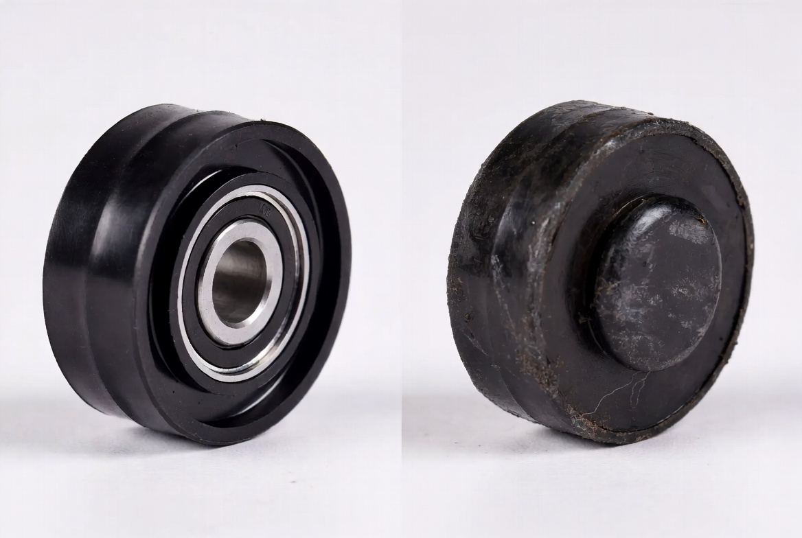 New vs worn sliding glass door rollers comparison - left is brand new and round, right is flattened and deformed from wear